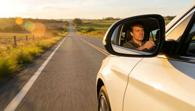 Man driving white sedan on rural road at golden hour with reflective side mirror