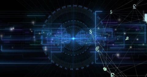 Pulsing Digital Data Hub Radiating Radial Numeric Dials and Connected Currency Nodes