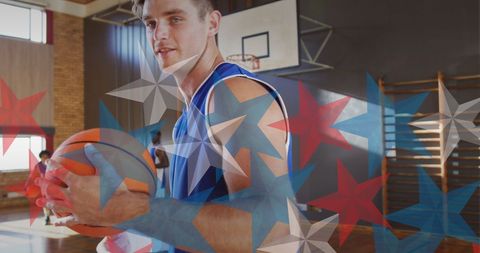Energetic Basketball Fan on Court Holding Ball
