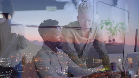 Diverse Professionals Collaborating in Tech Office with Cityscape Overlay