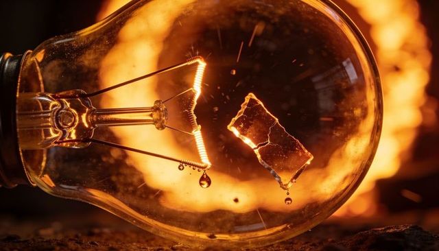 Glowing incandescent bulb filament sparking with shattered glass shard close-up