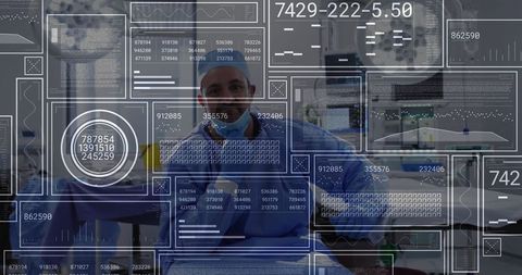 Surgeon analyzing futuristic digital panels in operating room