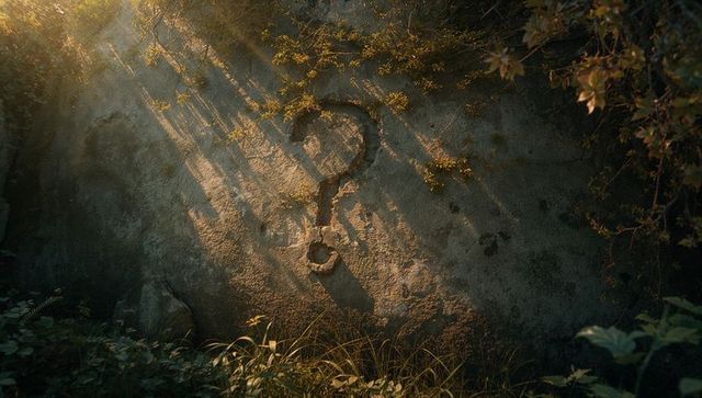 Mystical Sunlit Question Mark on Mossy Stone in Forest