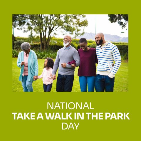 Family strolls together through park on bright day, promoting health and leisure activities. Useful for campaigns about family bonding, wellness, outdoor activities, and promoting annual park events. Multigenerational presence highlights inclusivity and shared time in nature.