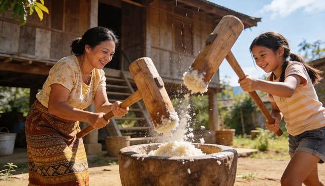 Traditional mother and daughter pounding sticky rice with wooden mallets at stilt house