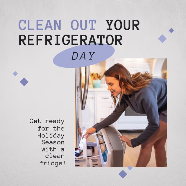 Square image of clean out refrigerator day text, with smiling caucasian woman opening freezer drawer. Awareness celebration, domestic life, health and cleanliness concept digitally generated image.