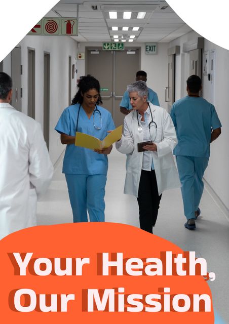 Image depicts medical professionals engaged in discussion while walking through a hospital corridor. Perfect for advertisements focused on healthcare services, hospital promotions, health insurance, and medical team websites or brochures. Could also be used in educational materials and recruitment purposes.