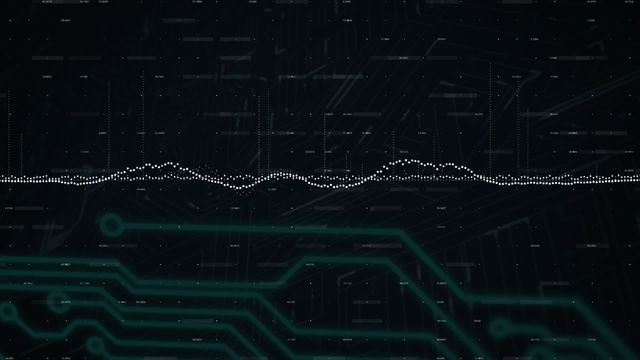 Animation showcases a futuristic interface featuring data processing. Dots threads through abstract circuit shapes. Ideal for illustrating digital analytics or computer science concepts. Use in presentations, tech industry marketing, or educational content about digital interfaces.