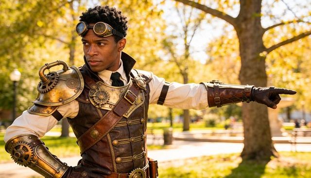 Steampunk adventurer pointing in sunlit autumn park wearing brass armor, goggles and leather gear