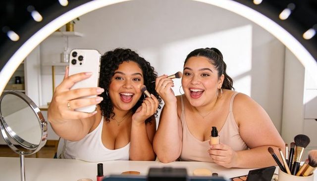 Friends filming makeup tutorial with ring light and smartphone applying foundation