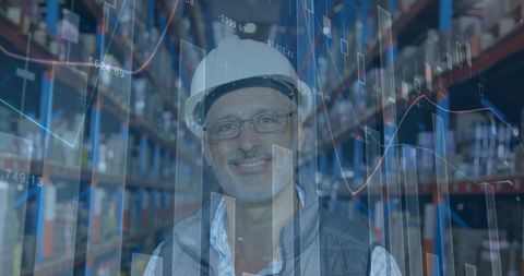 Successful Caucasian Warehouse Worker with Financial Data Overlay - Download Free Stock Images Pikwizard.com