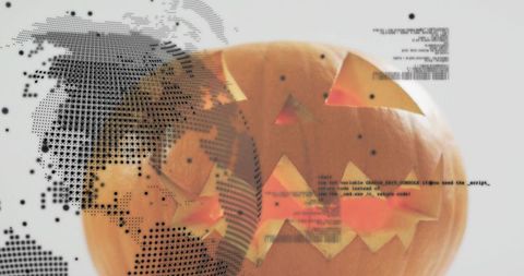 Glowing carved jack-o'-lantern overlaying halftone world map and digital code glitch