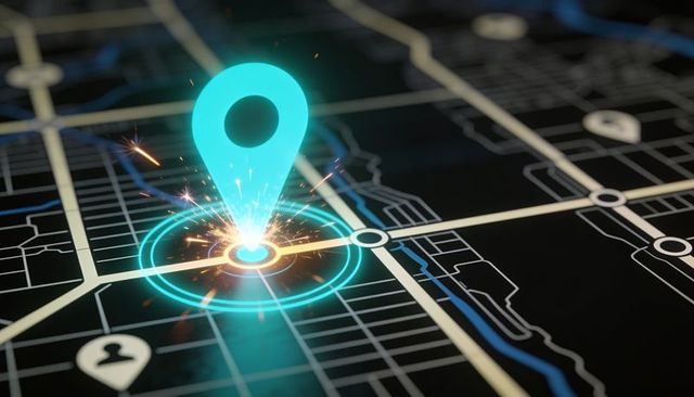 Neon location pin highlighting digital map grid with glowing rings and sparks