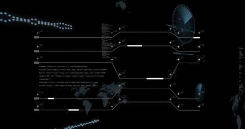 Futuristic cyber dashboard displaying world map silhouette, radar dial and code streams