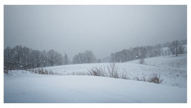 Snow-covered rural meadow with drifting snow, bare trees and rolling hills under overcast sky