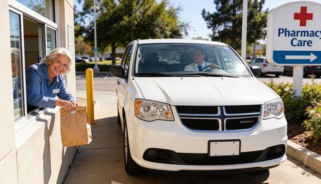 Smiling pharmacy attendant handing prescription bag through drive-up window to van driver