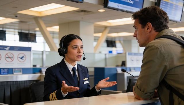 Female airline agent speaking and gesturing while assisting passenger at check-in counter