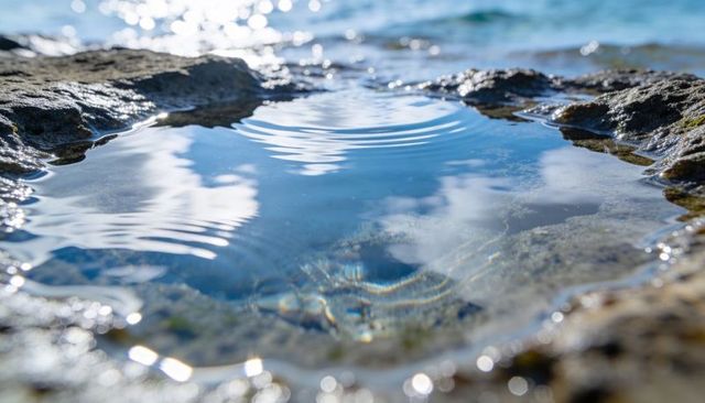 Sunlit tide pool reflecting blue sky on rocky shore with gentle ripples and algae