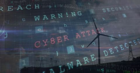 Cyber attack warning overlay on wind turbine