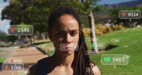 College student walking on campus with augmented reality notifications floating around