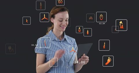 Smiling Woman Holding Tablet Tapping AR Energy Interface with Floating Icons