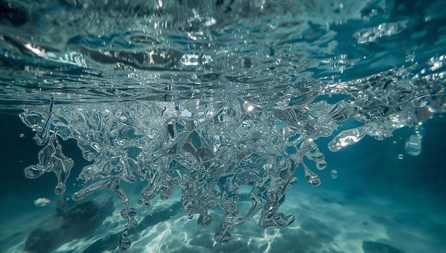 Rising air-bubble cluster underwater reflecting sunlight casting shimmering caustics