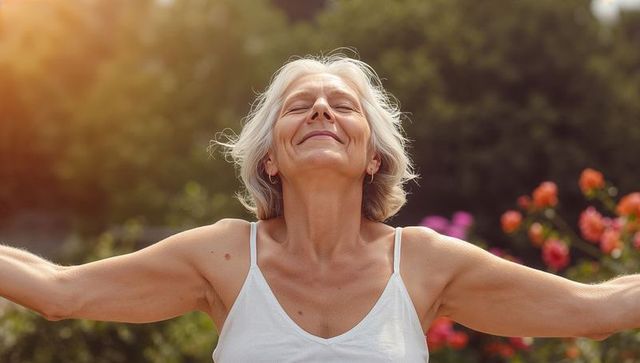 Mature woman basking in warm sunlight with arms outstretched in serene sunlit flower garden