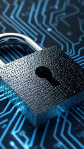 Vertical video panning padlock revealing textured body on glowing blue circuit board
