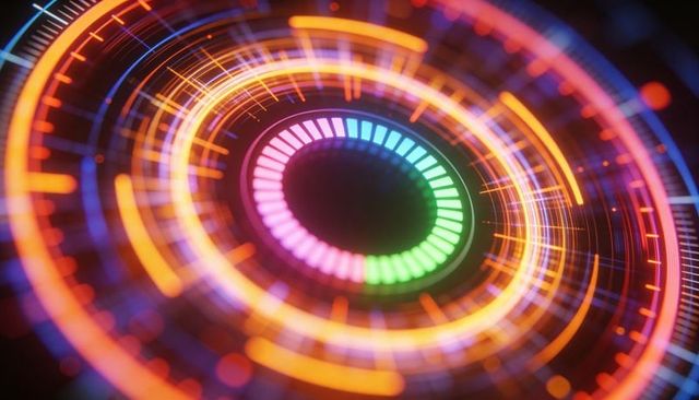 Hud multicolor neon ring displaying radial data progress and futuristic interface
