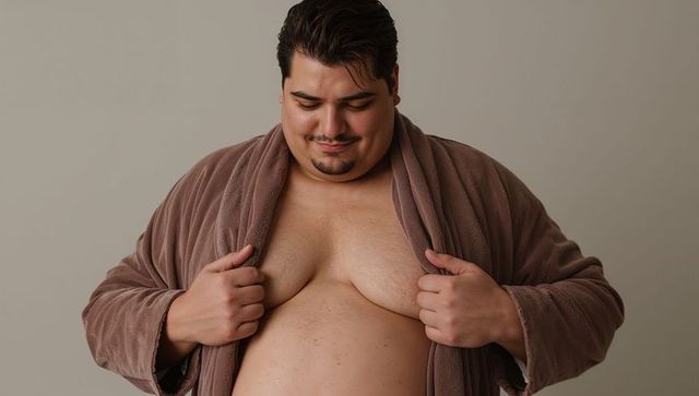 Plus-size man wearing brown robe revealing chest, relaxing and confident closeup