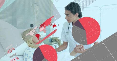 Nurse leaning over patient holding hand and checking vitals with data overlays