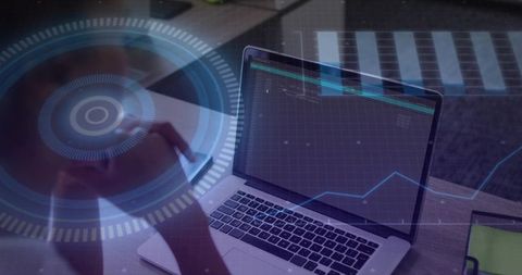 Female tapping laptop keyboard with HUD data overlay and rising analytics chart on desk