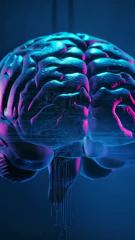 Rotating glossy brain revealing circuitry in dark void with cyan magenta neon glow