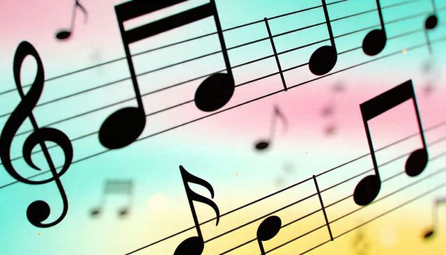 Floating musical notes on pastel gradient with treble clef, staff lines and bokeh lights