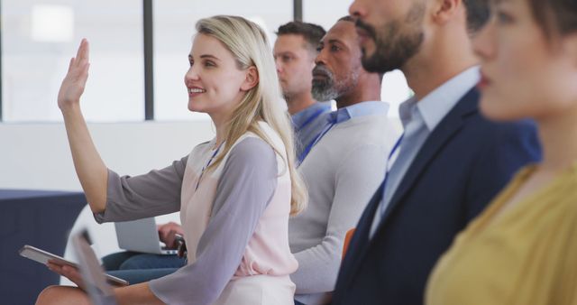 Diverse Professionals in Seminar, Woman Raising Hand - Download Free Stock Images Pikwizard.com