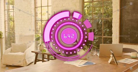 Magenta holographic hud floating over rustic home office workspace displaying 642
