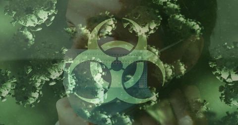 Biohazard symbol overlaying respirator mask and virus particles, conveying contagion risk