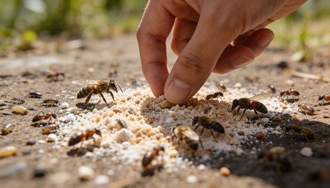 Hand feeding bees and ants on sunlit soil close-up with granules and insects