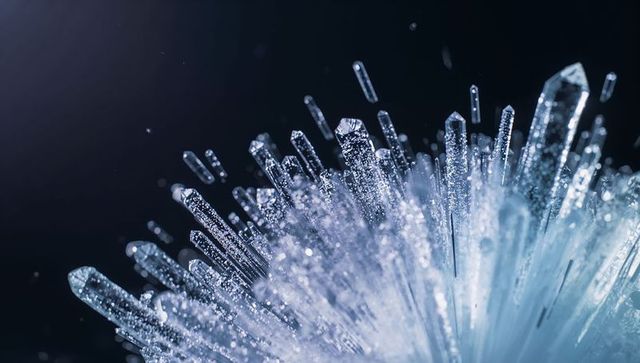 Macro crystal spikes reflecting cyan-blue light with droplets and prismatic bokeh