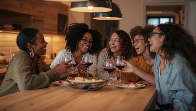 Friends toasting red wine around wooden kitchen table sharing cozy dinner and laughter