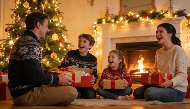 Family celebrating christmas morning exchanging gifts by fireplace with decorated tree