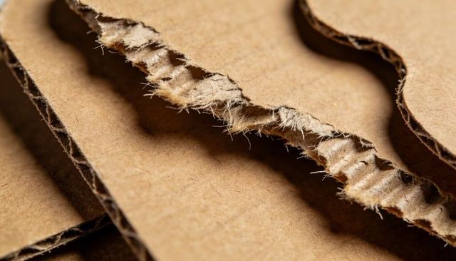 Showing torn corrugated cardboard edge with fluted core and fibrous texture