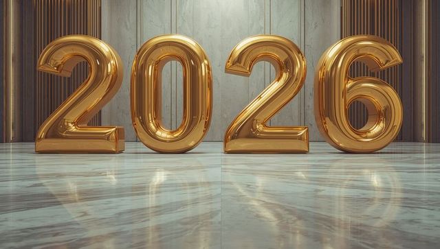 Golden 2026 numerals reflecting on polished marble floor in luxury showroom backdrop