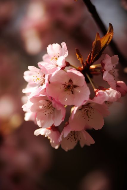 Close up of pink cherry blossoms, created using generative ai technology. Cherry blossom, beauty in nature and spring concept digitally generated image.