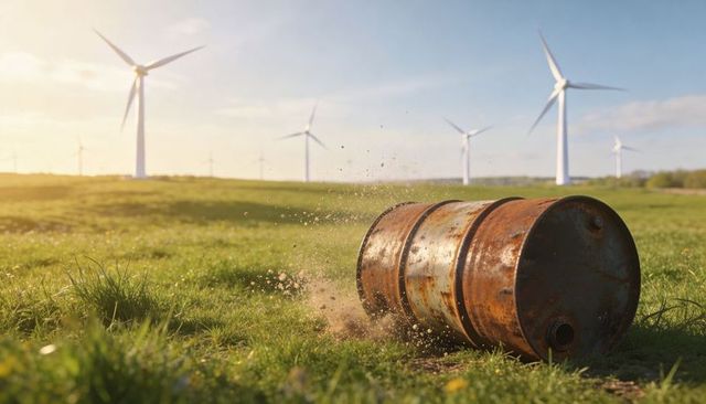 Rusting barrel lying in wind farm meadow with wind turbines on horizon