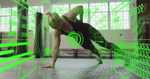 Mid-adult woman holding side plank with augmented reality fitness hud overlay studio gym