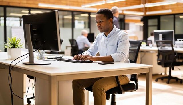 Professional man typing at modern open-plan office desk, focused on desktop computer