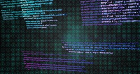 Displaying javascript code over neon concentric ring circuit pattern, cyberpunk glow
