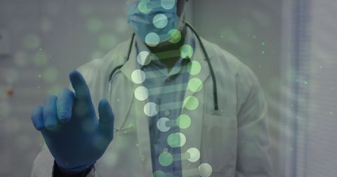 Doctor interacting with virtual dna strand hologram for advanced genetics