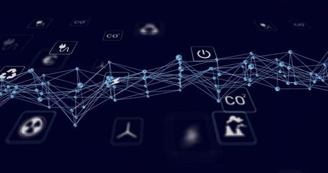 3D Mesh Network with Energy and Environment Icons Across Digital Landscape